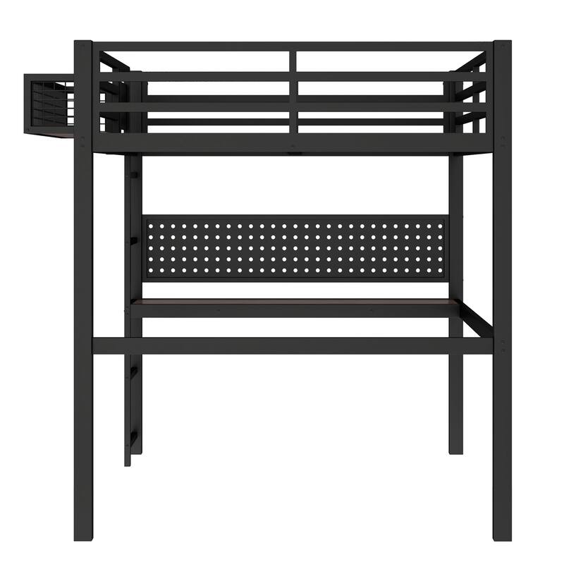 Metal Loft Bed with Desk & Storage Basket, Includes Alarm Clock & Charging Port, Queen/Full/Twin XL