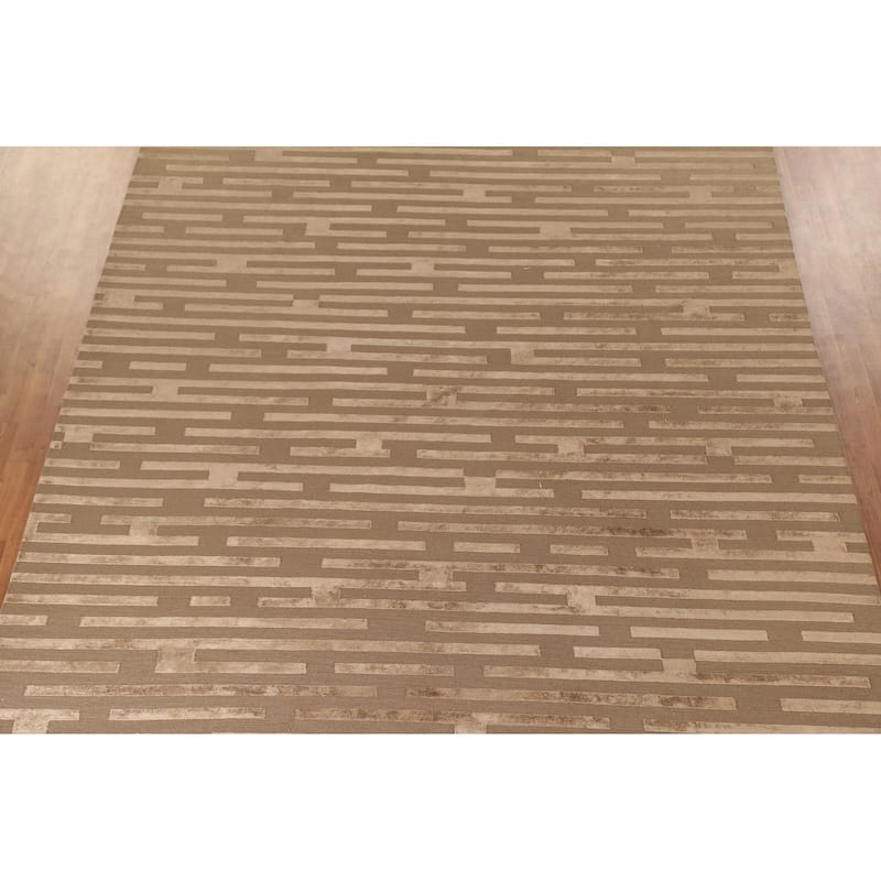 Striped Nepalese Modern Large Area Rug Hand-Knotted Wool Carpet - 10'0" x 13'8"