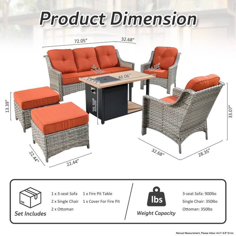 HOOOWOOO 6-piece Wicker Patio Furniture Set with Fire Pit Table