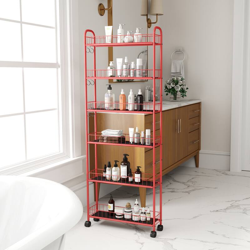 Red 6-Tier Rolling Cart Gap Kitchen Slim Slide Out Storage Tower Rack with Wheels, 6 Baskets, Laundry Utility cart