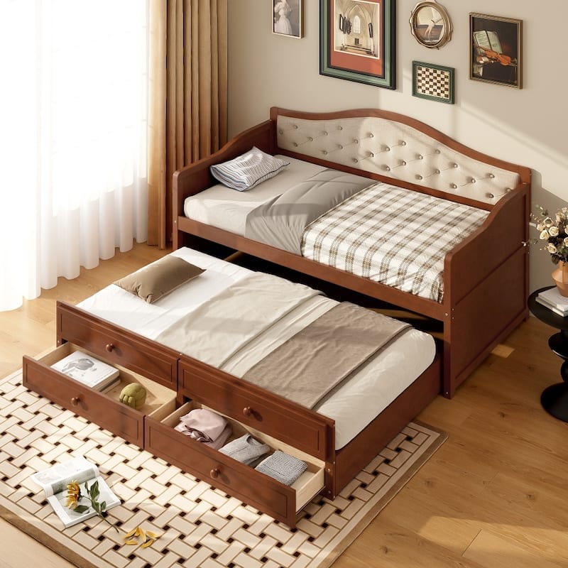 Twin Size Wooden Daybed with Trundle and 2 Drawers, Upholstered Backrest - Walnut