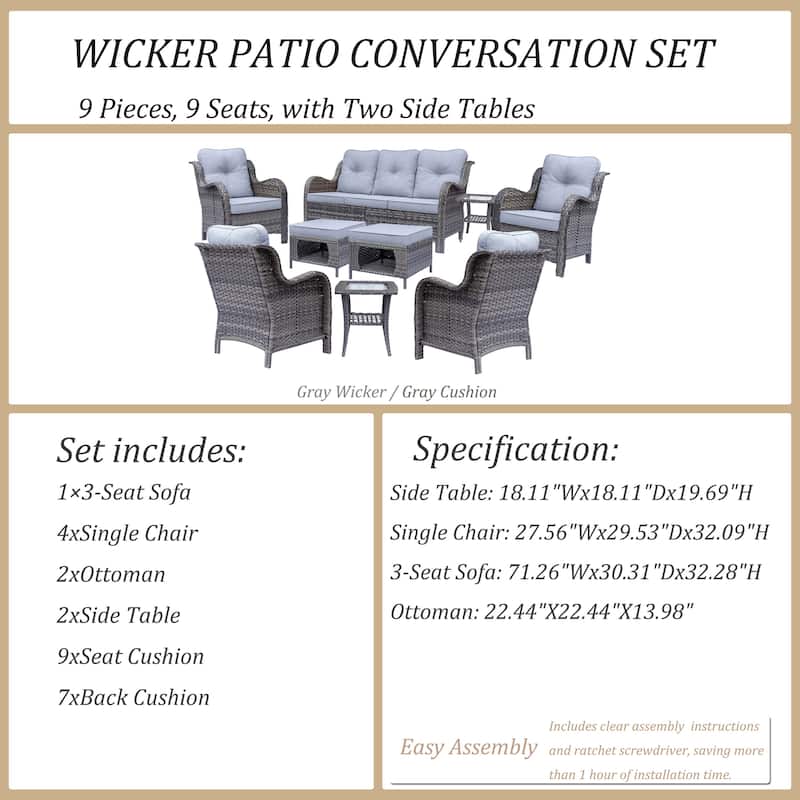 9 Piece Outdoor Patio Conversation Wicker Furniture Sofa Seating Sets