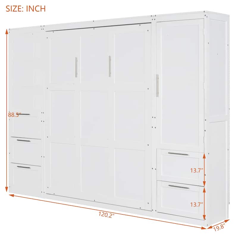Queen Size Wood Murphy Bed with Wardrobe,Drawers and Shelves