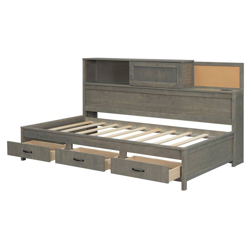 Twin Size Wooden Daybed with Storage Drawers, USB Ports, and Shelf, Gray