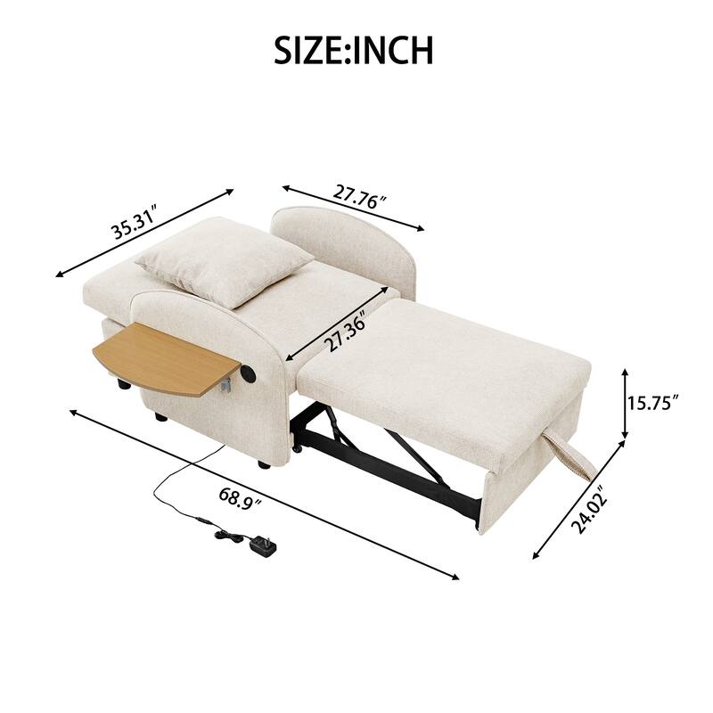 Convertible Single Chair Bed, Sofa Bed with Adjustable Backrest, & USB Port, Sleeper Sofa Daybed with Foldable Panel