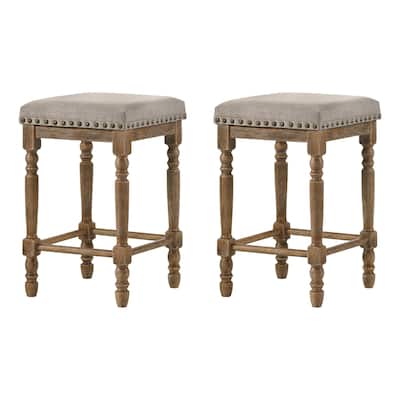Set of 2 Beige Fabric Counter Height Stool in Weathered Oak Finish