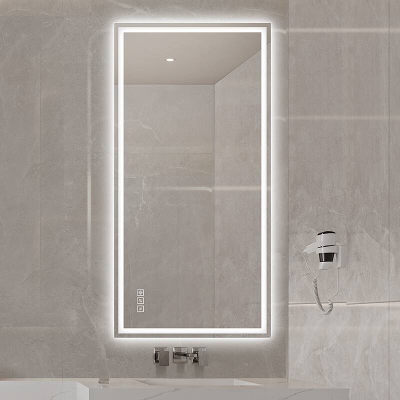 Anti-Fog LED Bathroom Mirror - Modern Straight-Edged, 3 Color Dimmable, Wall Mount - Silver