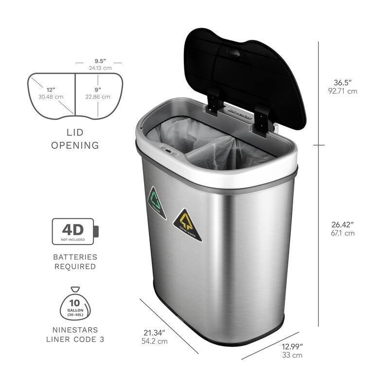 NINESTARS 18 Gallon Dual Compartment Motion Sensor Trash Can DZT-70-11R - Silver