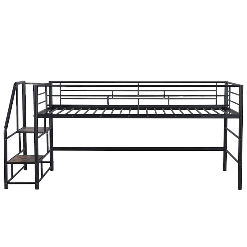 Black Twin Size MDF Metal Mid Loft Bed with Storage stairs and Fence for Kids, Boys and Girls, Bedroom