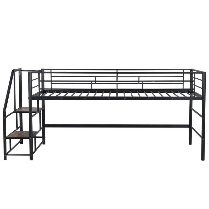 Twin Size Loft Bed with Play and Storage Spaces Underneath, Metal Bed Frame with Storage stairs and Guardrail for Bedroom