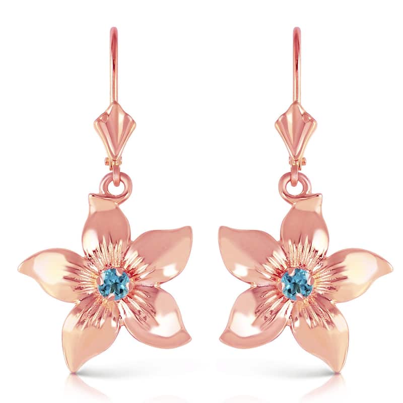 14K Solid Gold Leverback Flowers Gemstone Earrings w/ Blue Topaz