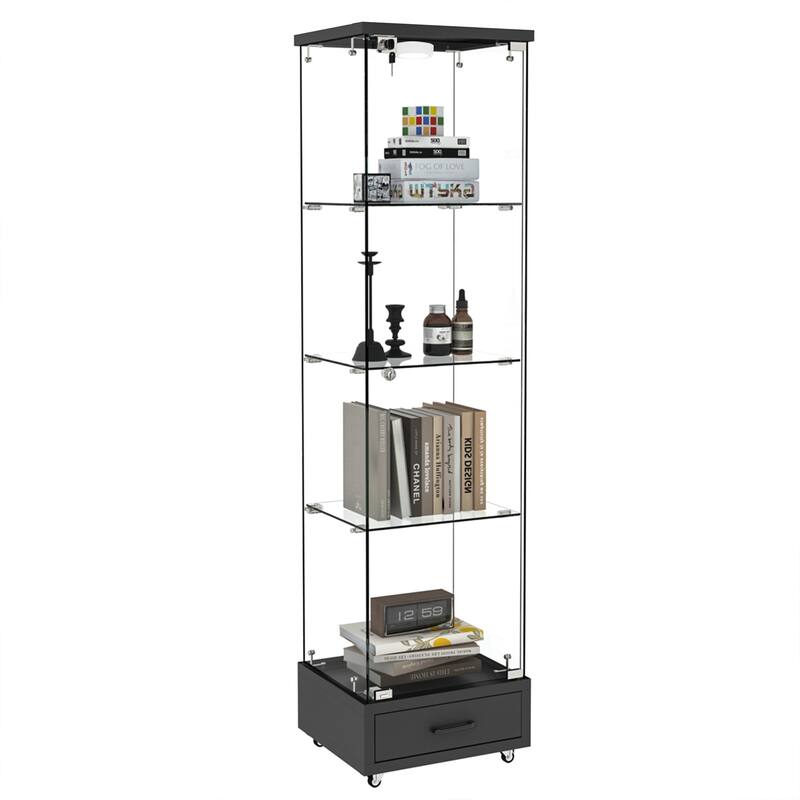 Glass Display Cabinet With Drawer,Cabinet With Led Lights,Tempered Glass Bookshelf, 1-Door Storage Case With 4 Shelves