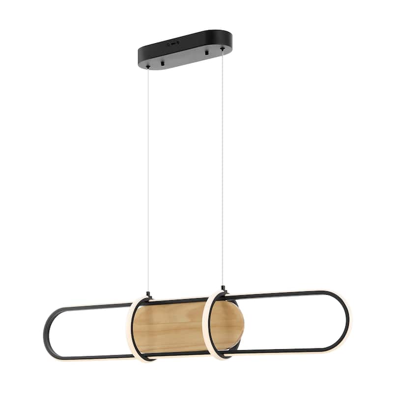 Rounded Rectangle Satin Black & Wood Chandelier - N/A