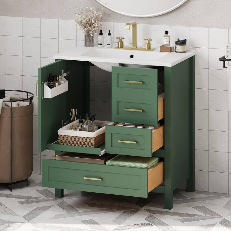 Modern 30-Inch Bathroom Vanity with Solid Wood Frame, Storage Cabinet & Soft-Close Features - Green
