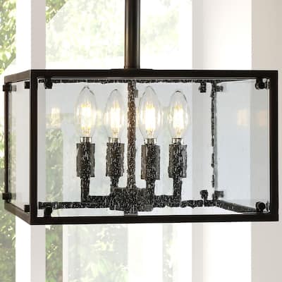 Ogee 13" 4-Light Iron/Seeded Glass Rustic Farmhouse LED Flush Mount, Oil Rubbed Bronze by JONATHAN Y