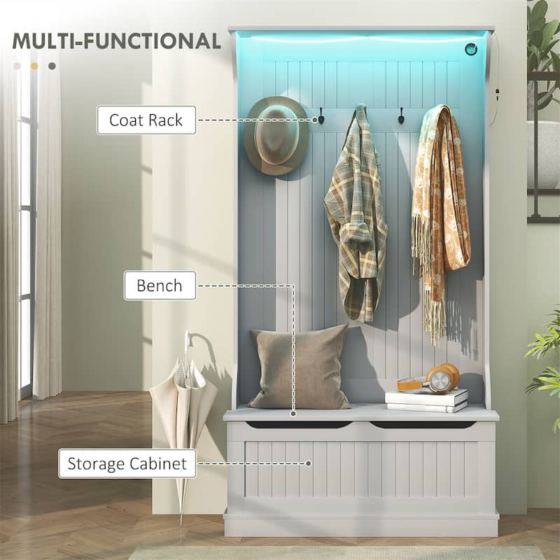 MDF Hall Tree Storage Bench with LED Light and Hooks - 37.75" W x 13.5" D x 70.75" H
