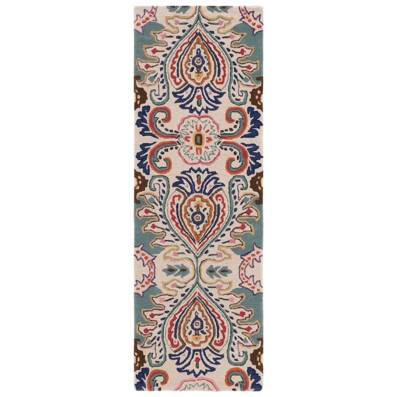 SAFAVIEH Handmade Bella Manjulata Floral Wool Rug - 2'3" x 9' Runner - Ivory/Teal