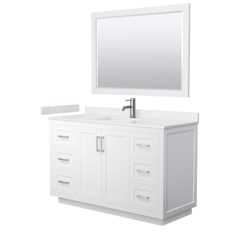 Miranda Single Vanity Set, Cultured Marble Top, 46-Inch Mirror - 54-Inch Single - White, Nickel Trim, Carrara Cultured Marble Top