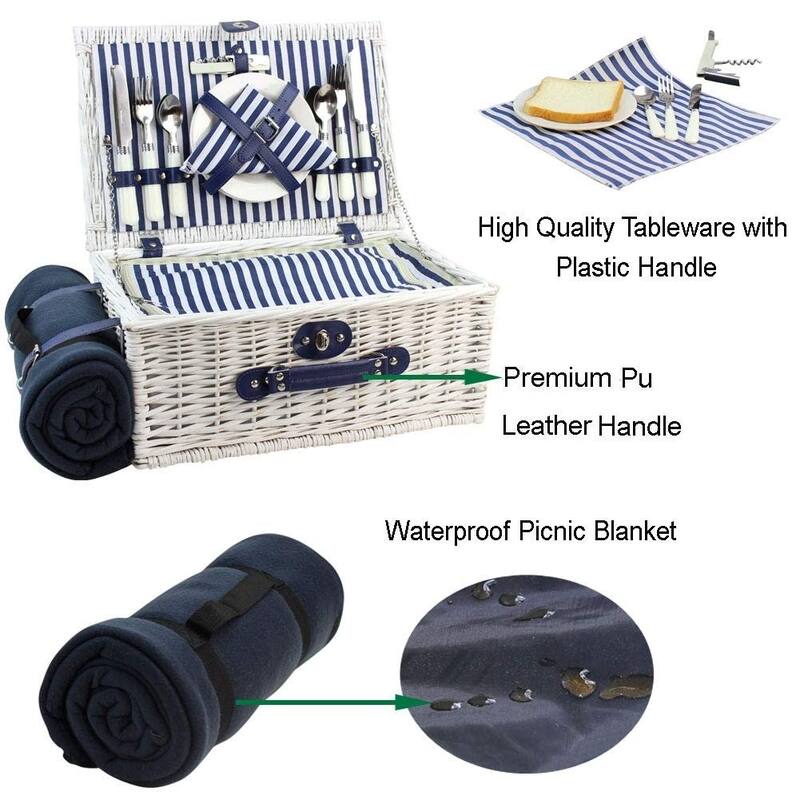 Picnic Basket Willow for 4 Persons, Large Wicker Hamper Set with Big Insulated Cooler Compartment with Waterproof Backing