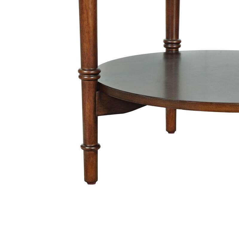 Modern Round Glass End Table – Dual-Level Design with Decorative Wooden Shelf