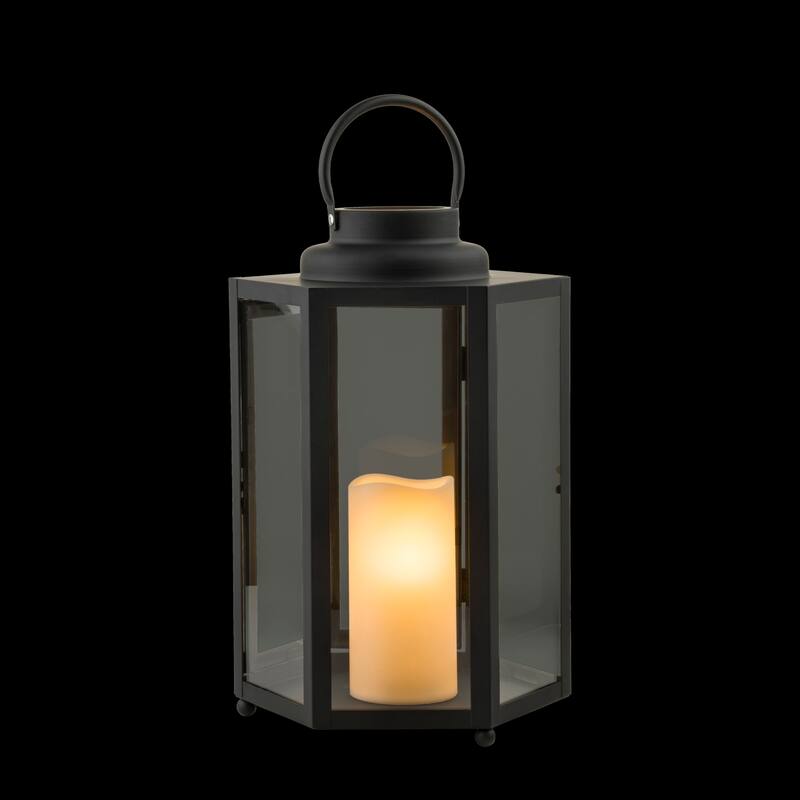 Alpine Corporation 14" Tall Outdoor Hexagonal Battery-Operated Metal Lantern with LED Lights, Black