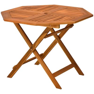 Natural Acacia Wood Outdoor Folding Table with Slatted Design and Umbrella Hole - 39.25" x 28.25" H