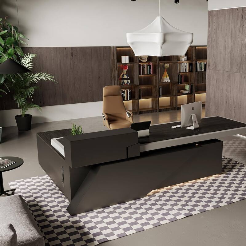 Black L Shaped Office Desk with Drawers Shelves Storage and LED Light - 94.5inch - Right Return