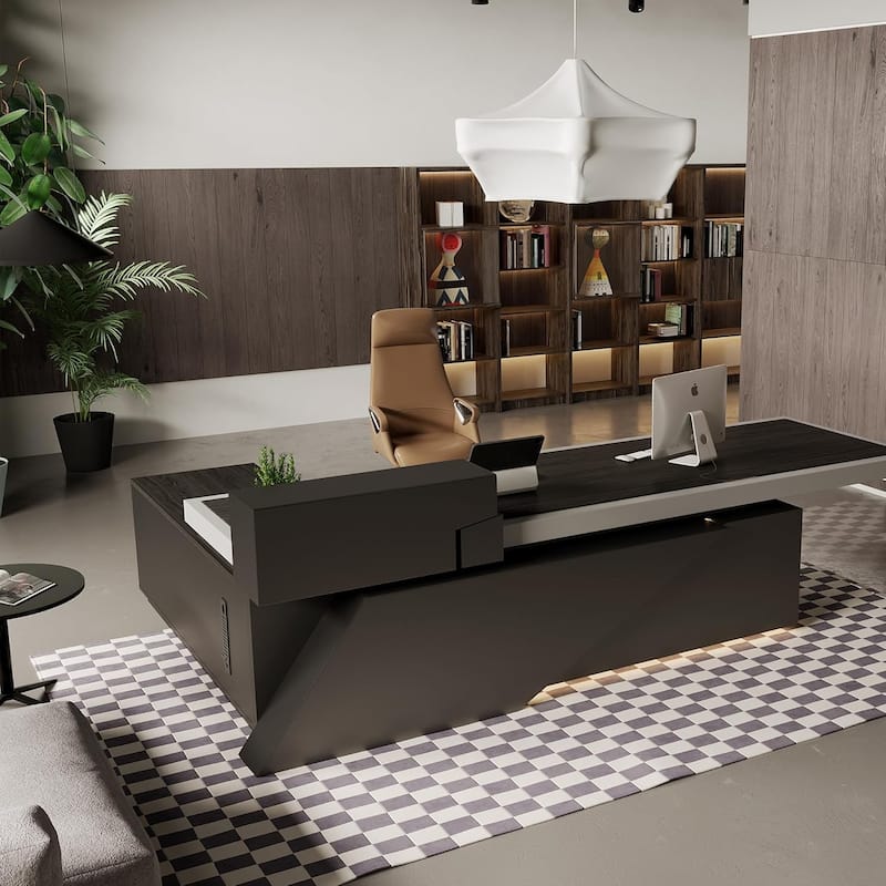 WESOME L Shaped Executive Desk with Cable Box Socket and LED Light for Home Office