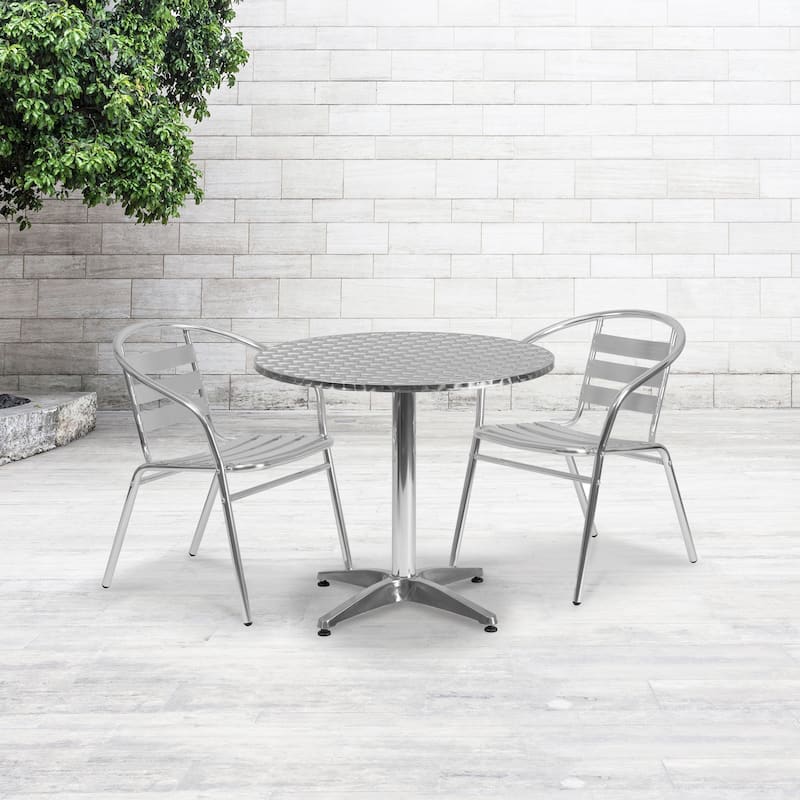 31.5" Round Aluminum Indoor-Outdoor Table Set with 2 Slat Back Chairs