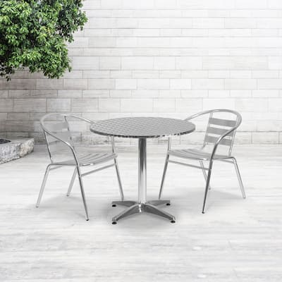 31.5" Round Aluminum Indoor-Outdoor Table Set with 2 Slat Back Chairs