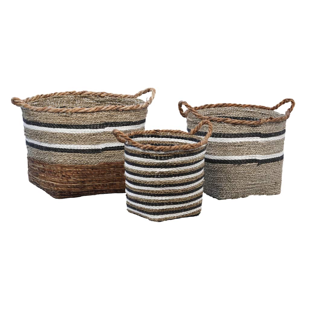 Dantes Natural Hand Woven Banana Stalk and Sea Grass Tri-Tone Baskets, Set of 3