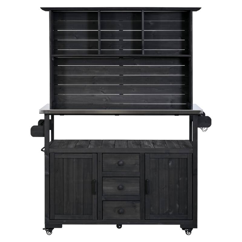 65" Outdoor Potting Bench with Stainless Steel Top, Rolling Garden Workstation with Hutch & Storage