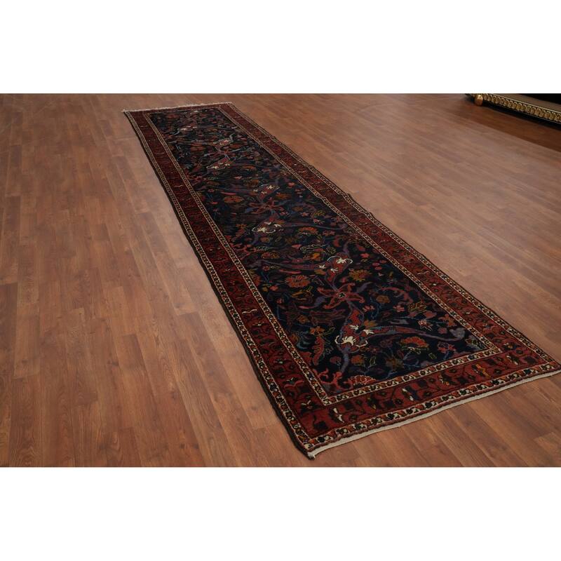 Hand Knotted Oriental 100% Wool Carpet Traditional Floral Navy Blue & Blues Bakhtiari Runner Rug - 13' 1'' X 3' 3''