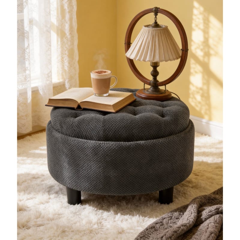 Round Storage Ottoman with Lift-Off Tray and Upholstered Fabric