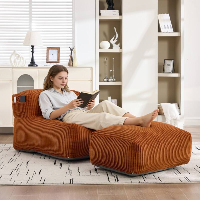 Corduroy Upholstered Lounger Large Ergonomic Support Compressed Bean Bag Sofa with Ottoman