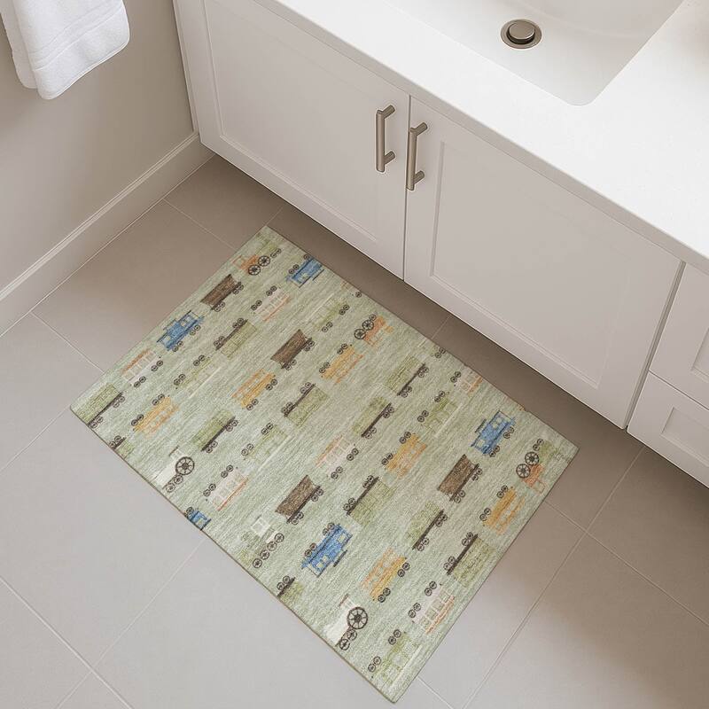 Machine Washable Indoor/ Outdoor Modern Train Chantille Rug