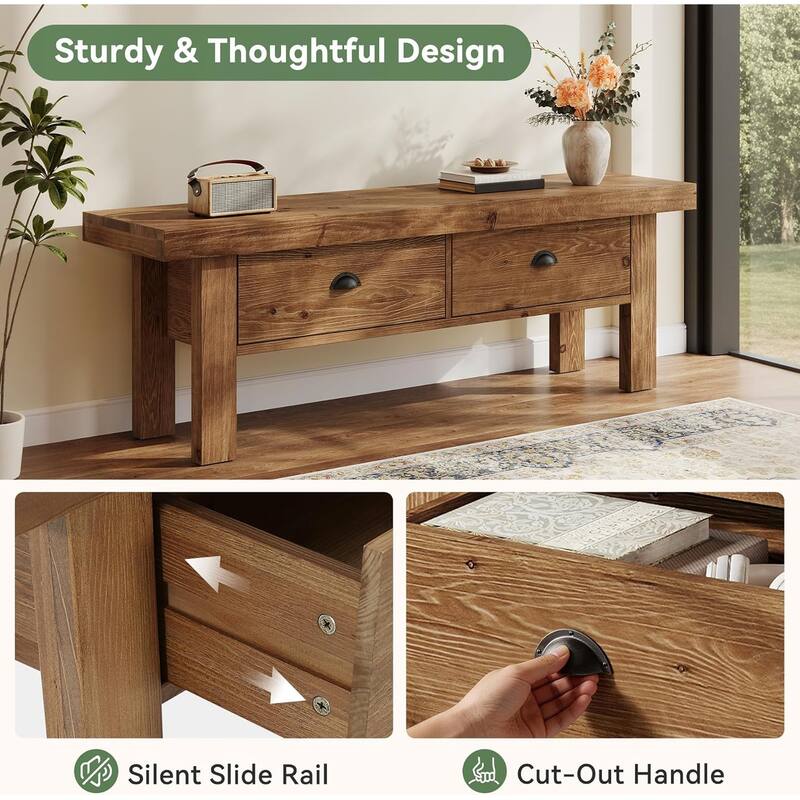 55" Solid Wood Long Bench with 2 Drawers and Open Storage Shelves