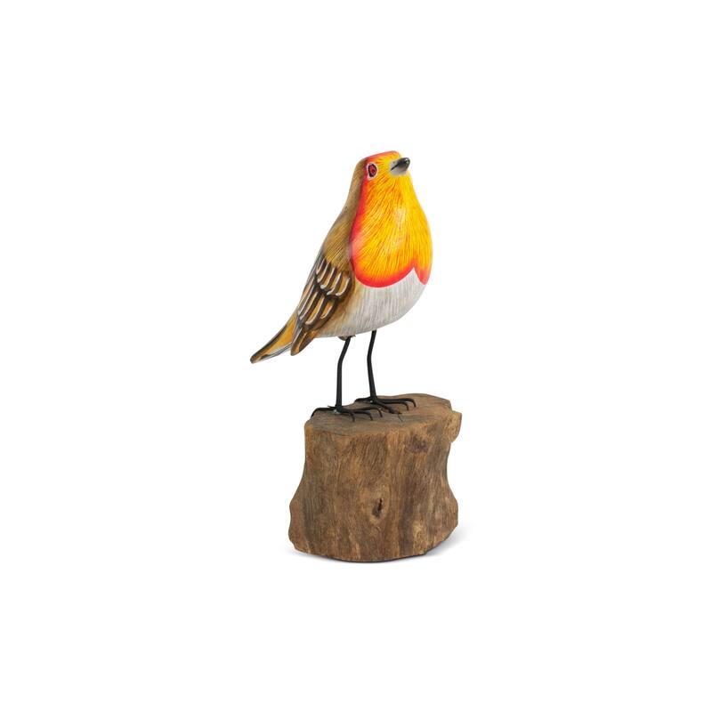 Wood European Robin Figurine - Hand Carved Songbird Sculpture, Rustic Bird Decor on Driftwood Base