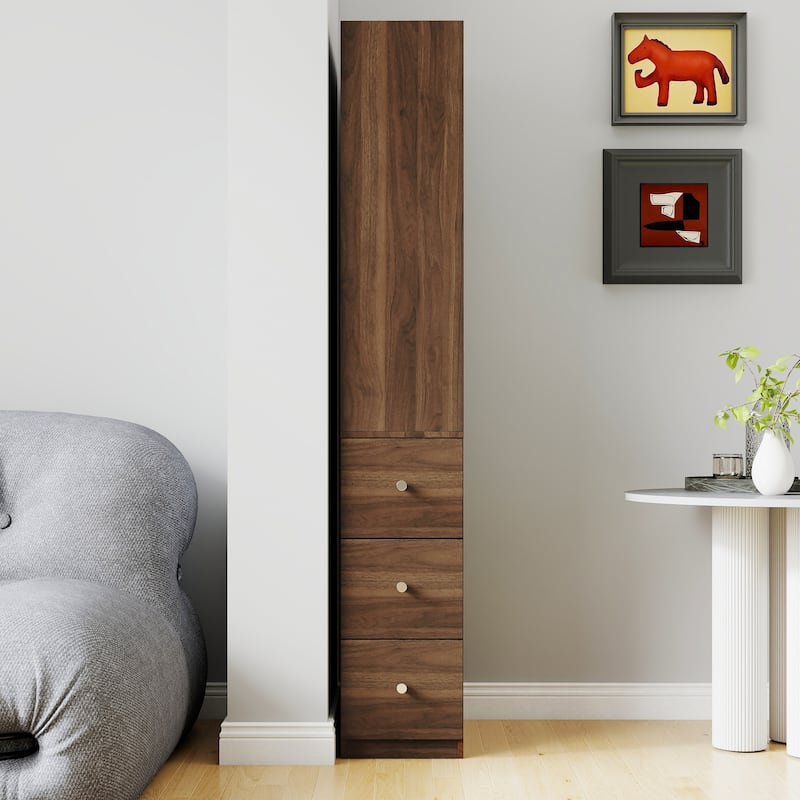 Display Storage Cabinet with 4-Tier Shelf, Wooden Tall Bookcase, Accent Cabinet with 3 Side Drawers