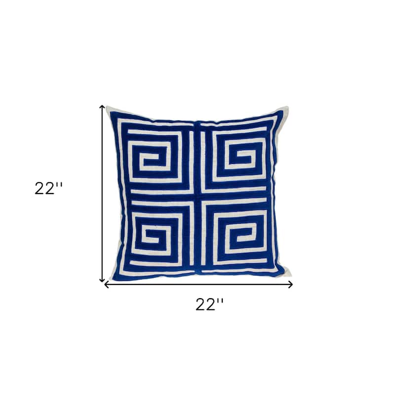 22" Beige and Blue Poly Cotton Blend Throw Pillow with Embroidery and applique