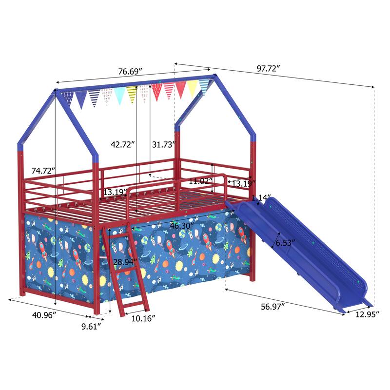 Metal Junior House Twin Loft Bed with Slide and Curtain Set