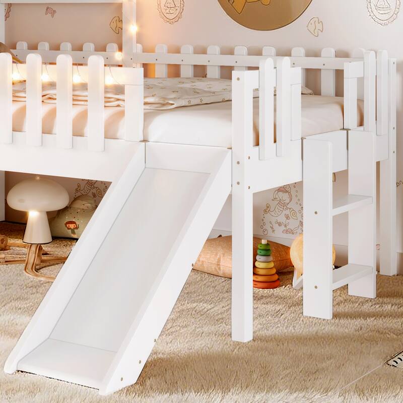Twin Size House Loft Bed with Slide,Playhouse Bed with Star Moon-shaped Designs and Window, Chic Design with LED Lights