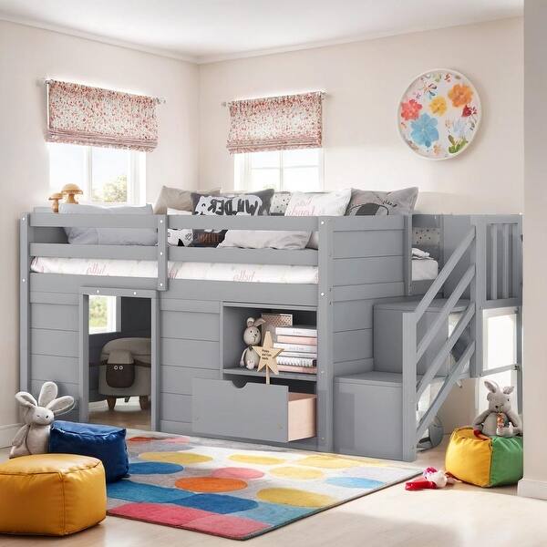slide 2 of 7, Twin Size Kid Low Loft Bed With Shelves, Ladder and Drawers, Grey Grey