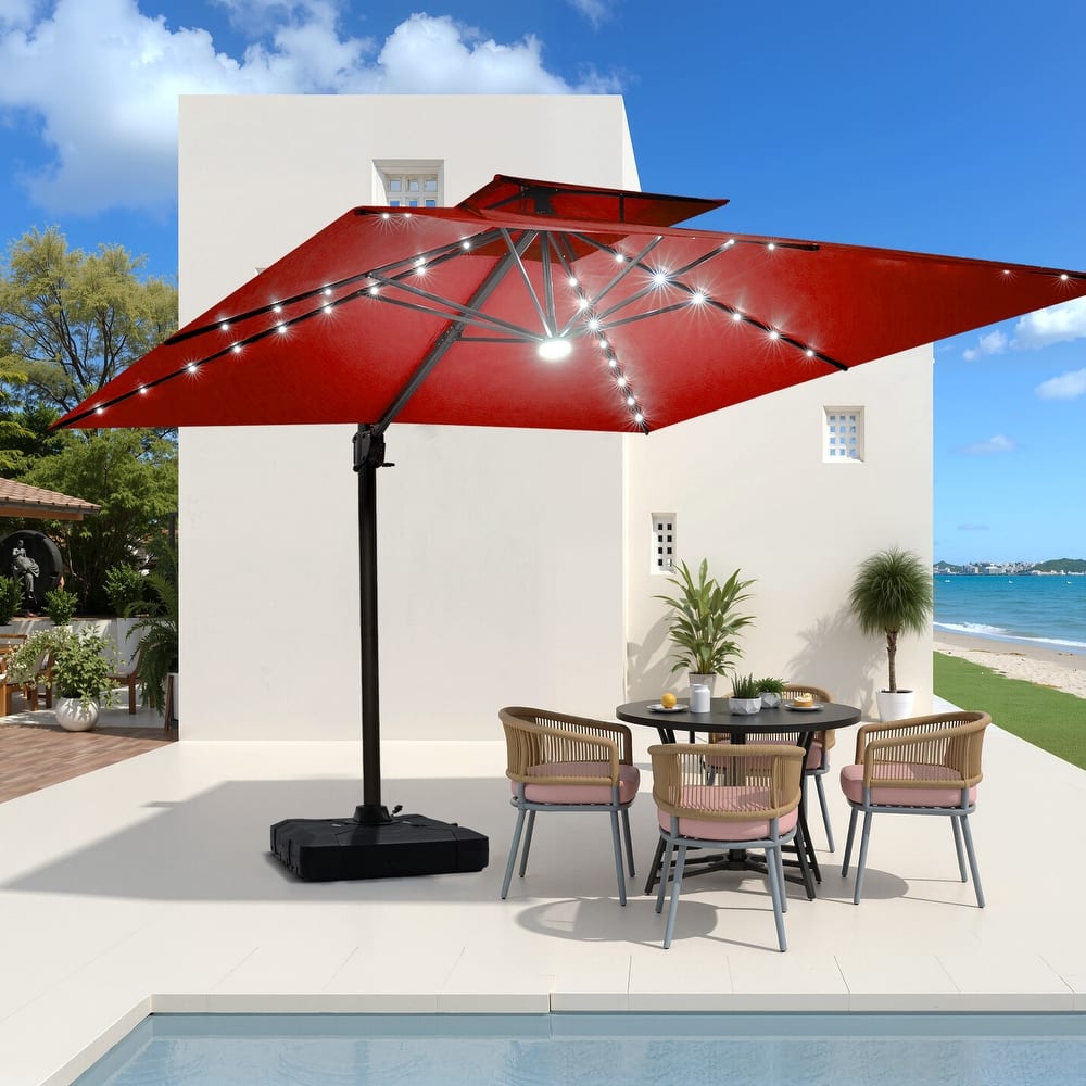 VredHom 9 x 11ft Outdoor Aluminum Dual Top Cantilever Patio Umbrella LED Light with Wheel Base