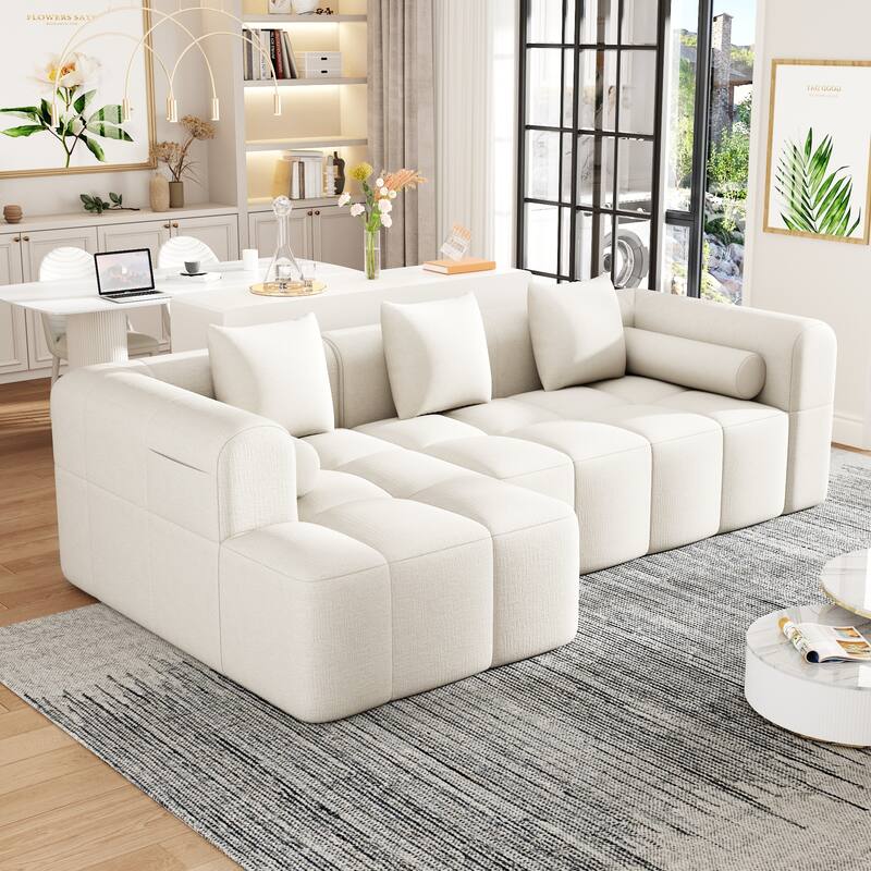 101.2" Modular Sofa, Deep Seating, 2 Pockets, Beige Chenille, 112 lbs