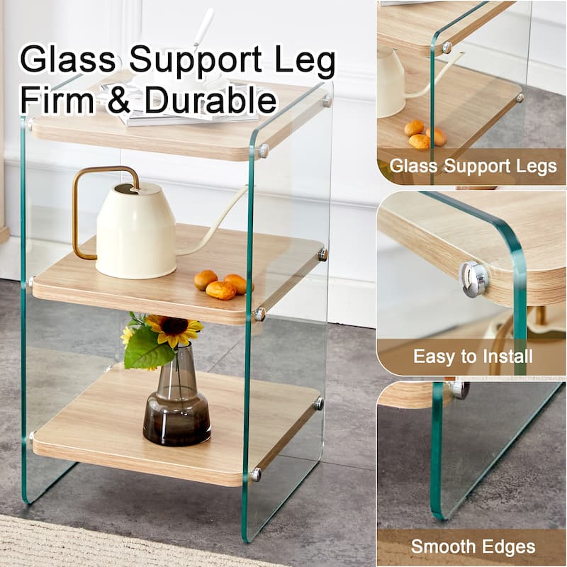 14" Modern Square Side Table with Tempered Glass Legs and Storage Shelfs for Living Room or Bedroom