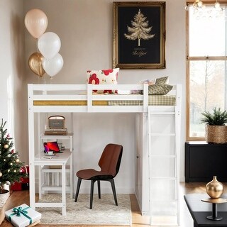 Full Size Loft Bed with Wardrobe and Desk and Shelves
