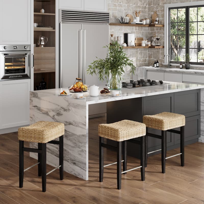 Harvey Rattan Bar Stool, Bohemian Counter Height Stool with Woven Seagrass Seat, Solid Wood Legs, and Metal Footrest