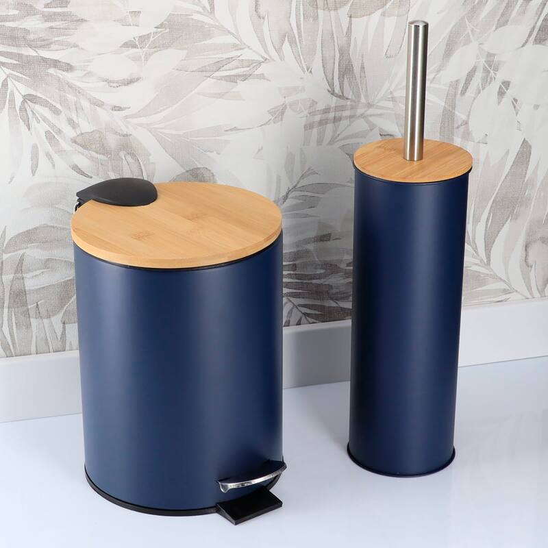 Bathroom Set with Bamboo Lid - Matte Metal Trash Can and Toilet Brush - 15.6" H x 11" L x 11" W