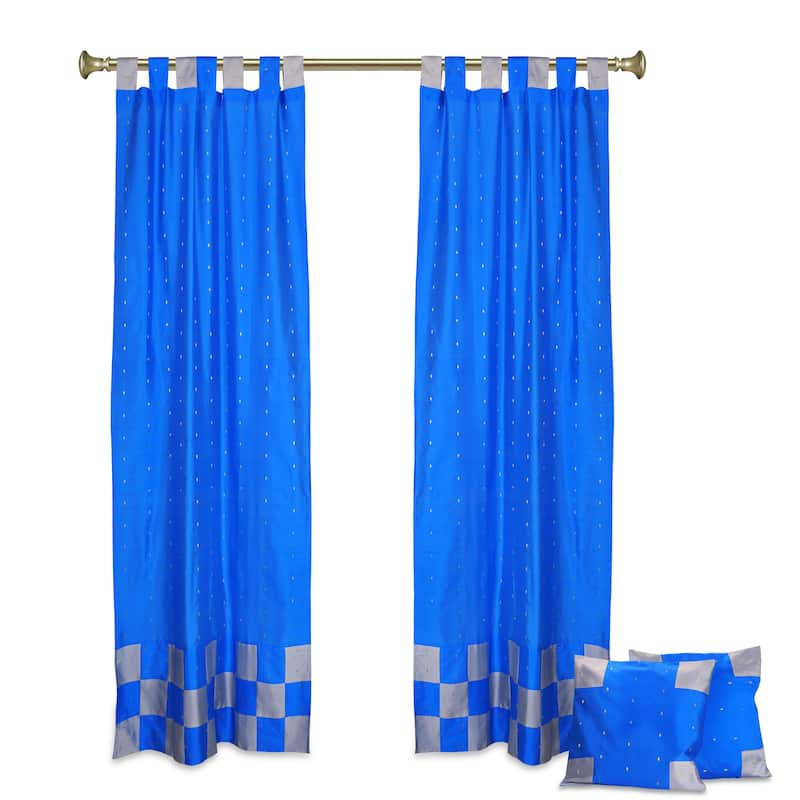4 Pc Set Indian Sari Curtains & Cushion Covers Boho Tab Top Living Room Bedroom - French Blue - 36" W X 84" L - 84 Inches